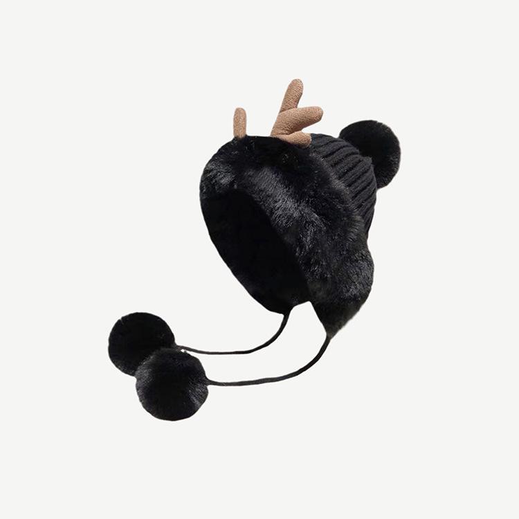 Women's Korean Style Plush Antler Pom-Pom Winter Hat with Ear Protection