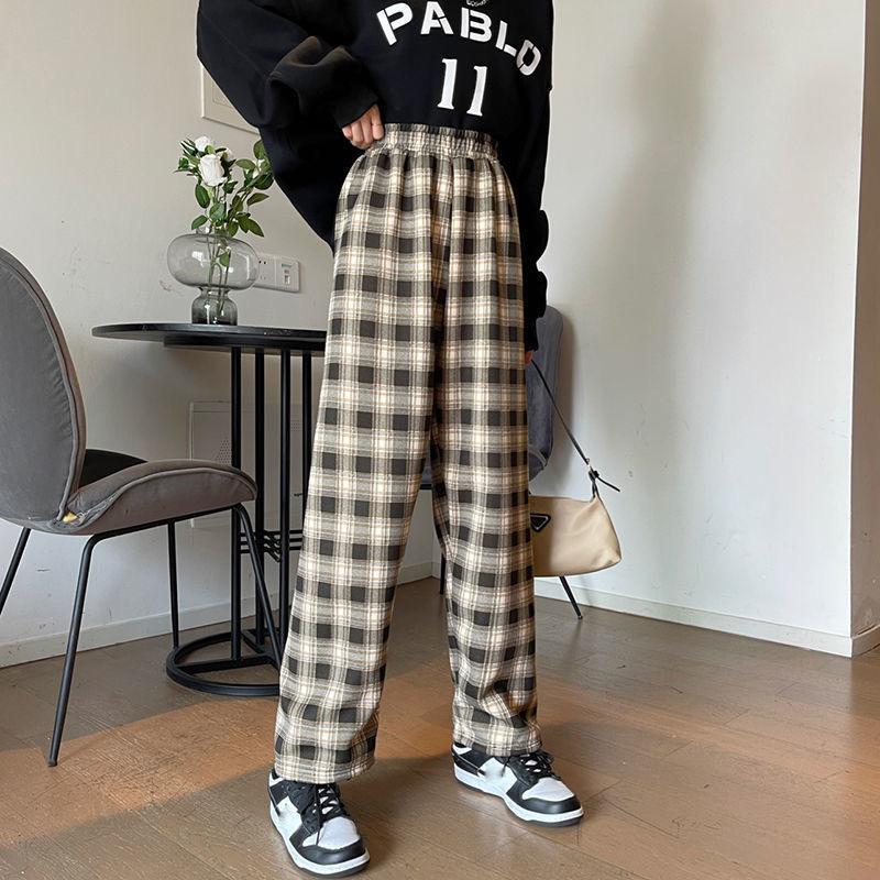 Women‘s Summer Thin Plaid Pants Casual Wide Leg Trousers Elastic High-waisted Bottoming Pants Hip-hop Straight Pants