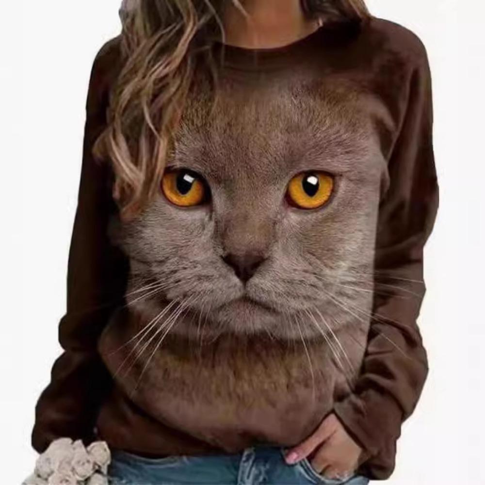 2025 Autumn/Winter Women's Hoodless Sweatshirt Fashion Trendy Sweatshirt Cat 3D Printed Loose Casual Long Sleeve T-shirt