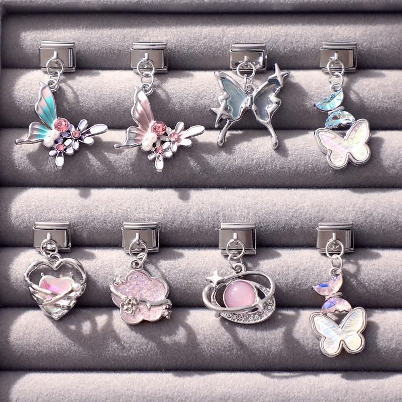 Zircon Colorful Crystal Butterfly Heart Flower Pendant Italian Charm Link Fit 9mm Bracelet Stainless Steel Women DIY Making Gift