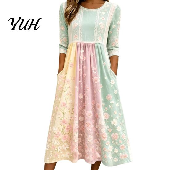 Trendy Autumn Floral Midi Dresses Long Sleeve Dress, Women Cottagecore Waist Cinching Body Shaping Slim Fit Dress for Vacation Street Party