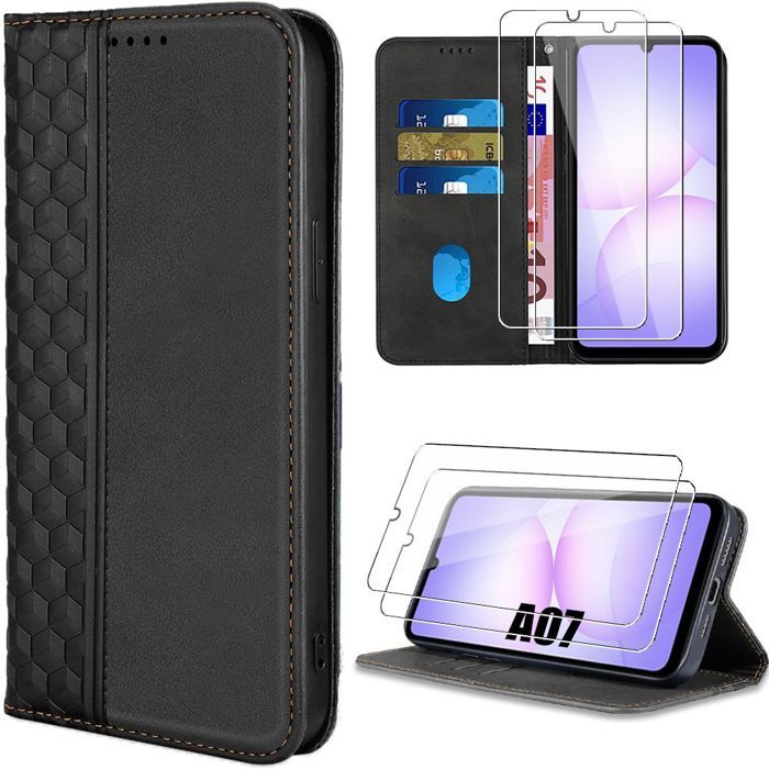 Coque de Protection - BOOLING - pour Samsung Galaxy A07 - Cuir PU Noir - 2 Verres Trempés - Antichoc