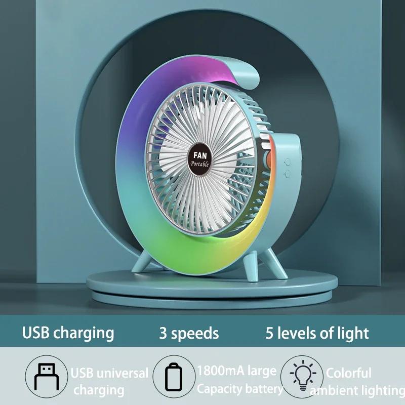 

Portable Desk Fan USB Power with Colorful Light 180 Degree Rotatable Personal Table Fan for Home Office Bedroom Chrismas Gift синій