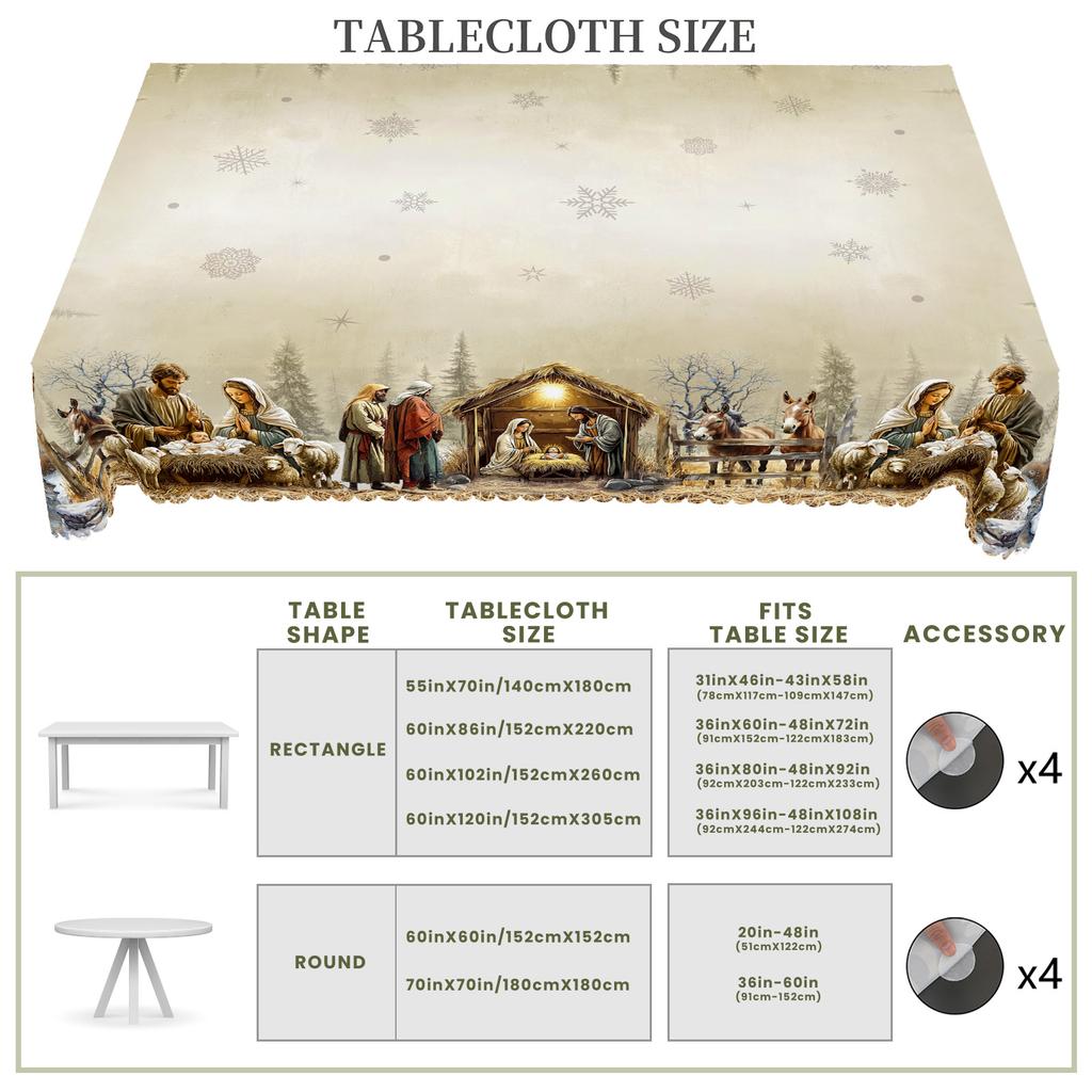 1Pc Christmas Tablecloth With Nativity Scene, Yule Home Party Decor For Indoor Outdoor, Xmas Round Rectangular Table Cloth