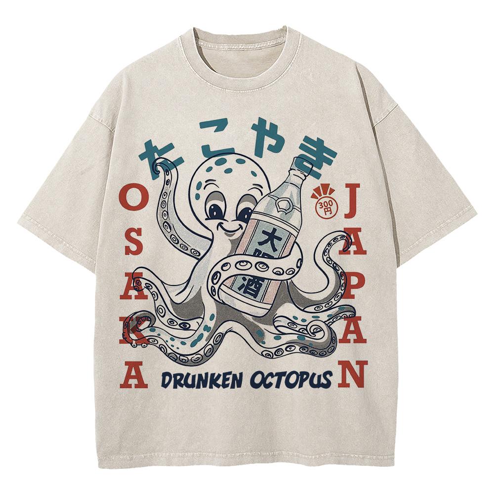 Cotton Vintage Washed Osaka Dotonbori Drunken Octopus T Shirt Hot Fashion Men Takoyaki Oversize Loose Acid Wash Tees Shirts