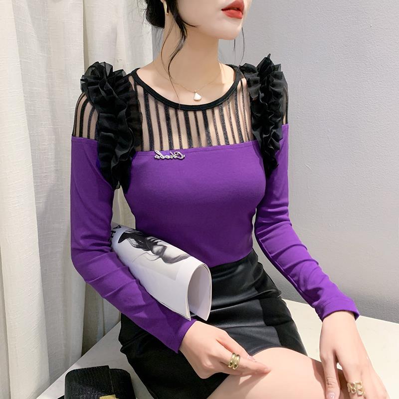 Women's Slimming Lace Shoulder Long Sleeve T-Shirt