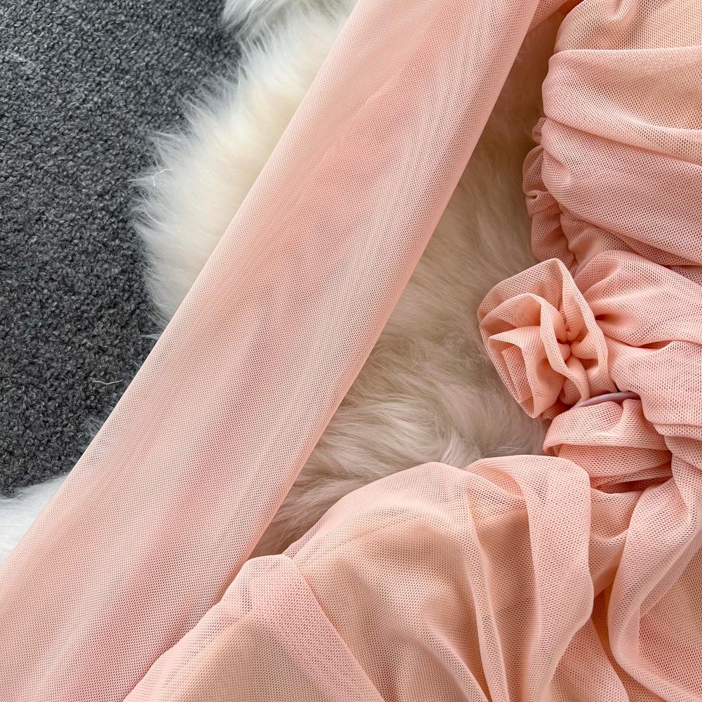 Spring and Autumn Women's Dress Pure Desire Spice Girl Sexy Long Sleeve Square Neck Waist Slimming Mesh See Through Stereoscopic Flower Hip Dress