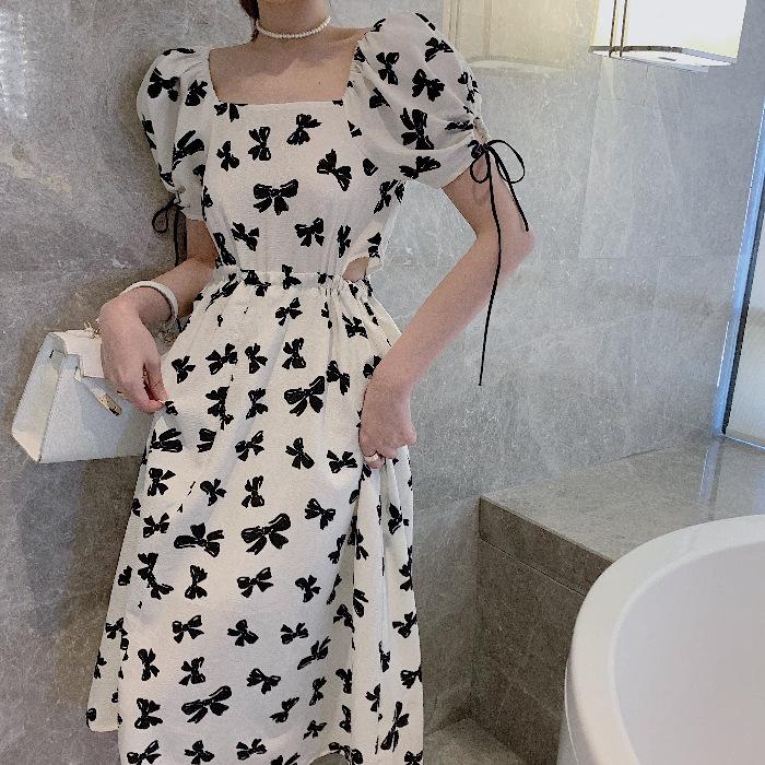 Small Temperament Dress for Women In Summer New Korean Style Fashionable Mid-length Waist-hugging and Slimming Waist-exposed Print Skirt