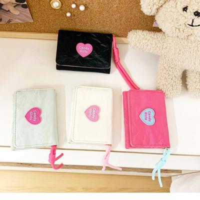 Ins Love Candy Color Wallet Women with Rope Simple Short Wallet Student Girls Cute Wallet Coin Purse Card Holder Badge Holder