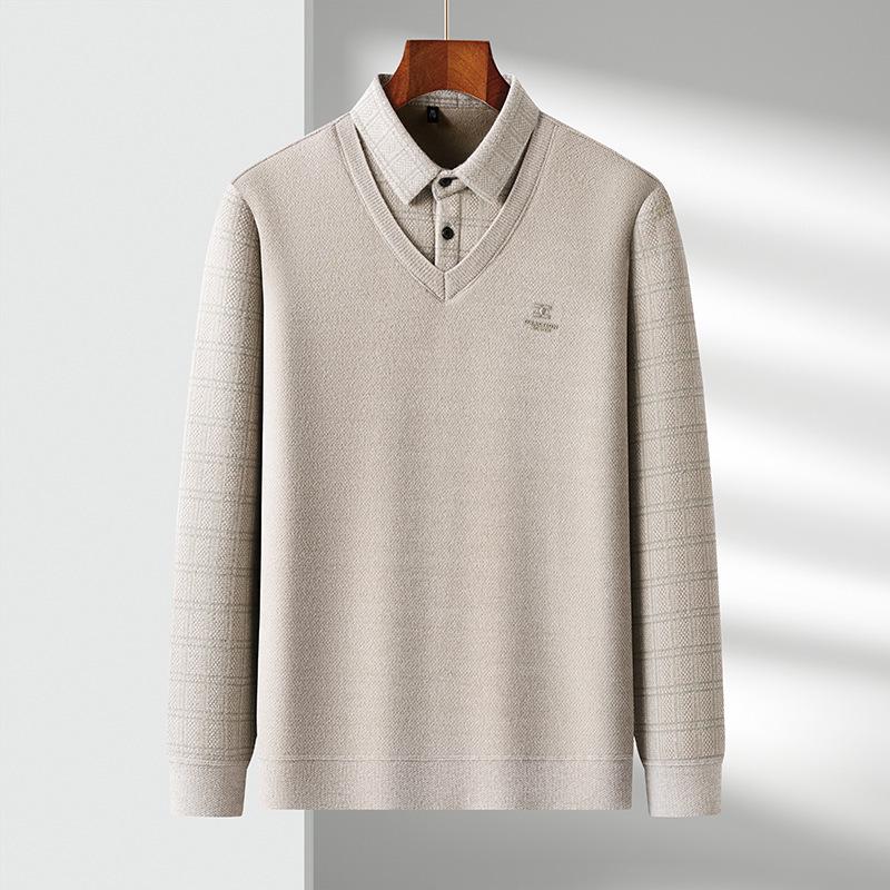 High-Quality Men s Faux Two-Piece Knit Sweater - 2025 Autumn/Winter Striped Casual Shirt Collar 185-XXXL