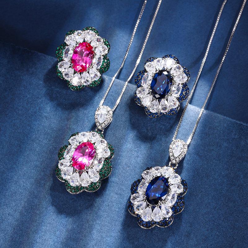 Jewelry Copper Bottom Gold-Plated Simulation Color Treasure Corundum Dan-Shaped Temperament Pendant Set 10 * 14