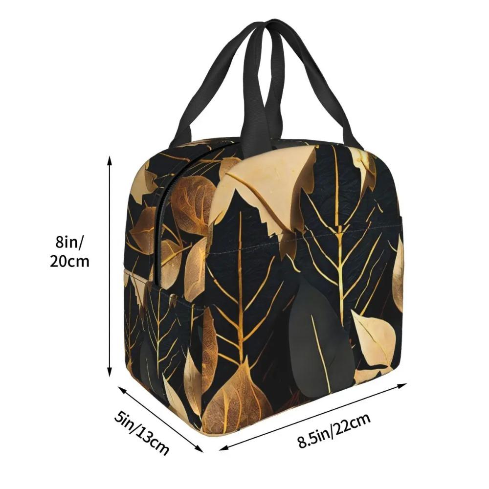 Black Golden Leaf Print Insulated Lunch Bag for Women Kids Portable Food Boxes Thermal Lunch Box Tote