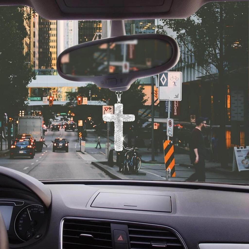 Bling Car Rear View Mirror Accessories Hanging Pendant,Cross Crystal Rhinestone For Car Mirror Hanging,Double-Sided Cross Diamond Religious,Interior