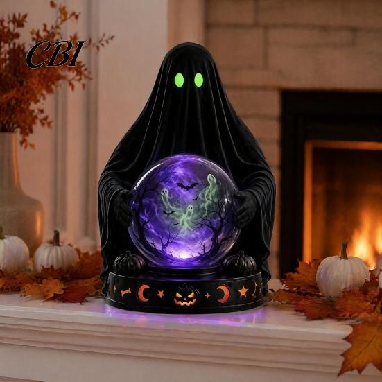 Halloween Table Decor LED Lighted Faux Crystal Ball Decoration, Resin Witch/Skeleton/Cat/Ghost Figurine with Unique Gift for Friends Green/Purple