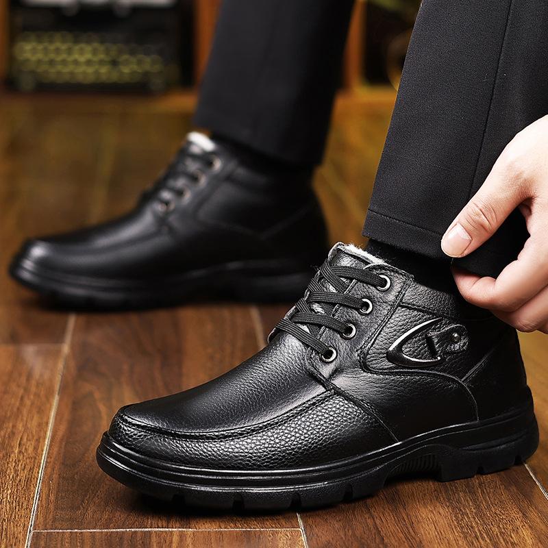 2025 Winter Genuine Leather Shoes Men Snow Boots Warm Plush Mens Ankle Botas Flat Non-slip Cotton Shoes Pure Black