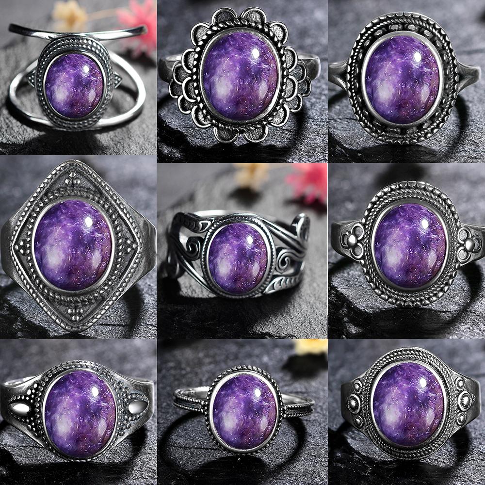 Natural CopperRings Charoite Bead Gemstone Rings for Women Wedding Bands Anniversary Party Gifts Fine Jewelry