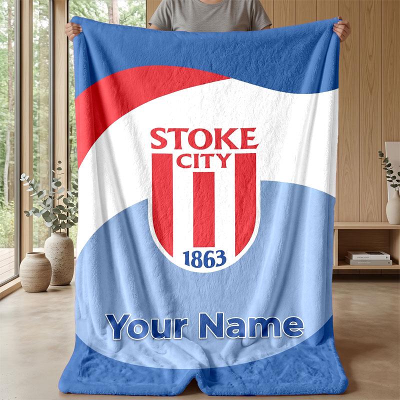 Stoke City FC Custom Name Text Flannel Blanket Soccer Logo Personalized Fleece Throw Blanket Special Gift For Sofa Bedroom Home