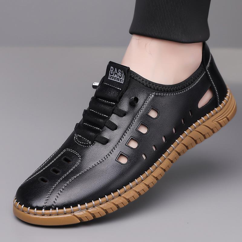 Fashion Hollow Business Casual Soft-soled Leather Sandals for Men Fashion Solid Color Summer New Designer Driving Shoes Man