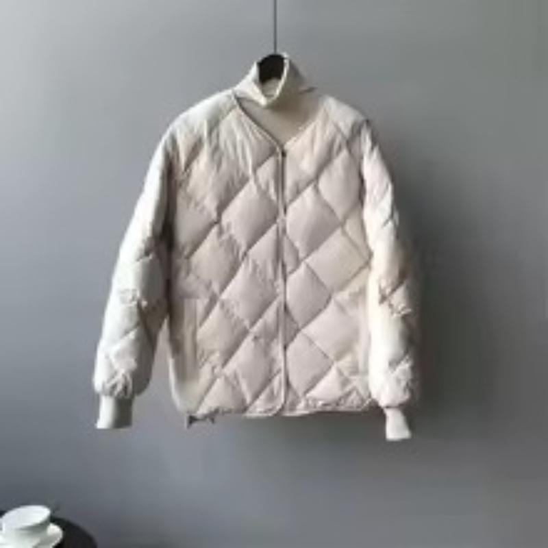 Women's Short Cotton Jacket, Diamond Patterned Down, Collarless, Winter Coat, Slim Fit Long Sleeved Pocket Details
