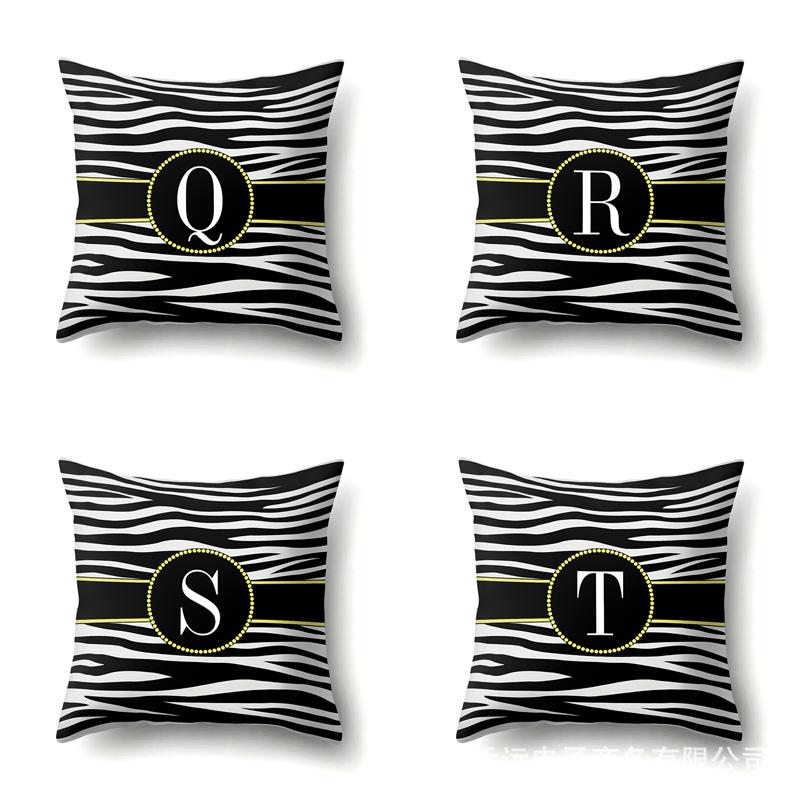 Polyester Pillowcase Zebra Pattern Printing Home Decoration Pillowcase 26 English Letter Cushion Cover Black and White