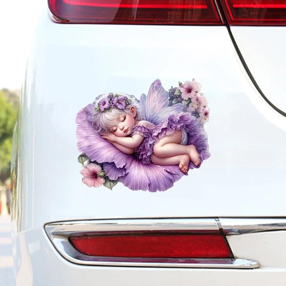 QT2466# Whimsical Sleeping Fairy with Purple Flowers & Butterflies Car Sticker for Laptop, Truck,Motorcycle, Window