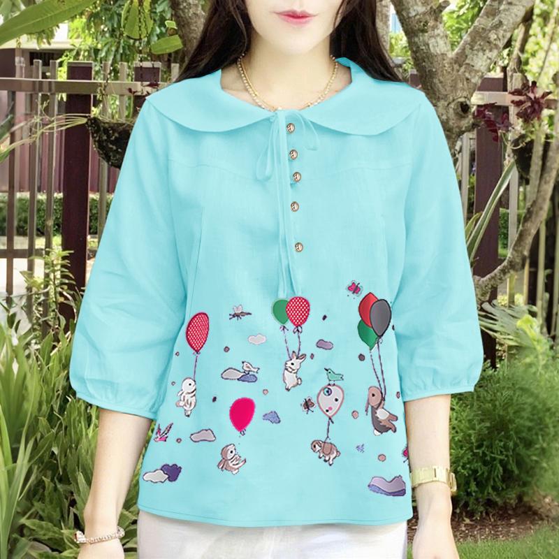 ZANZEA Women Casual Doll Collar Loose 3/4 Sleeve Print Blouse
