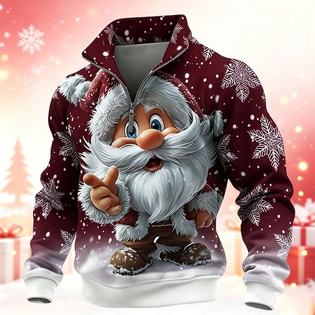 Men's Casual Zip-Up Stand Collar Long Sleeve Sweatshirt for Christmas