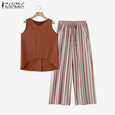 Damen Sommer Rundhals Ärmellose Weste Tasche Streifen Weites Bein Hosen Sets
