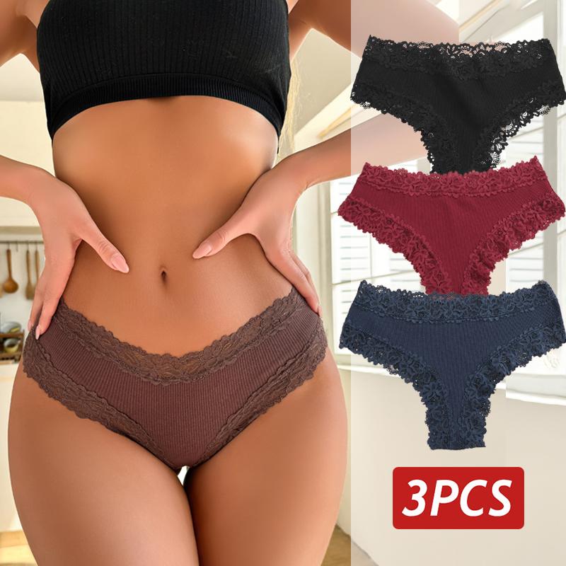 3PCS/Set Sexy Lace Panties for Women Cotton Brazilian Panties Female Low Rise Breathable Underwear Solid Colors Floral Lingerie