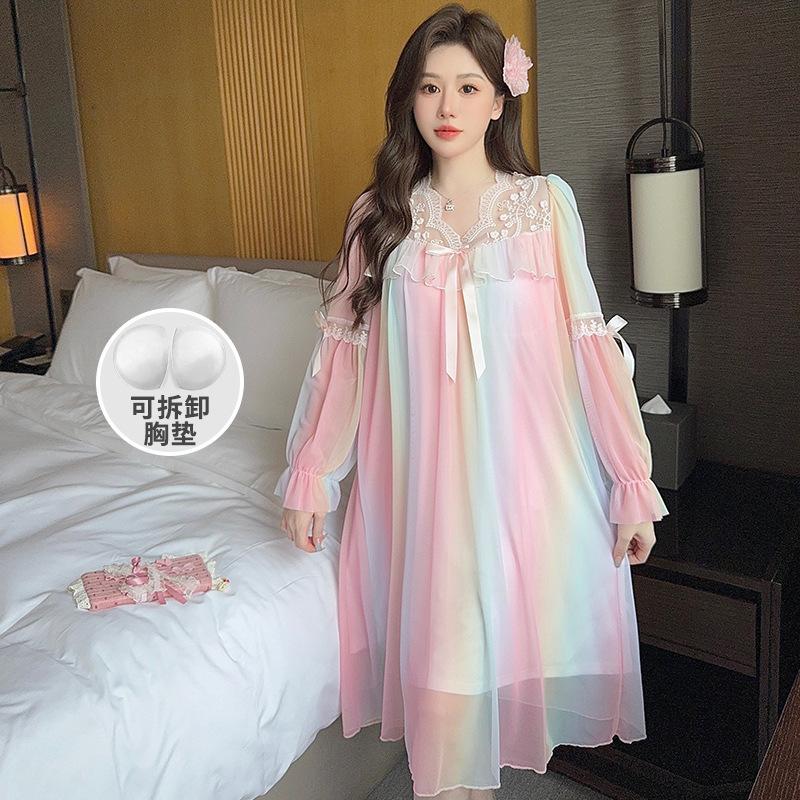 Лин Лэй Чуньцю Однотонные Кружевной Бант Сетчатые Платье-Пижама для Дома Придворный Стиль Средней Длины Пижама Одежда для Дома M