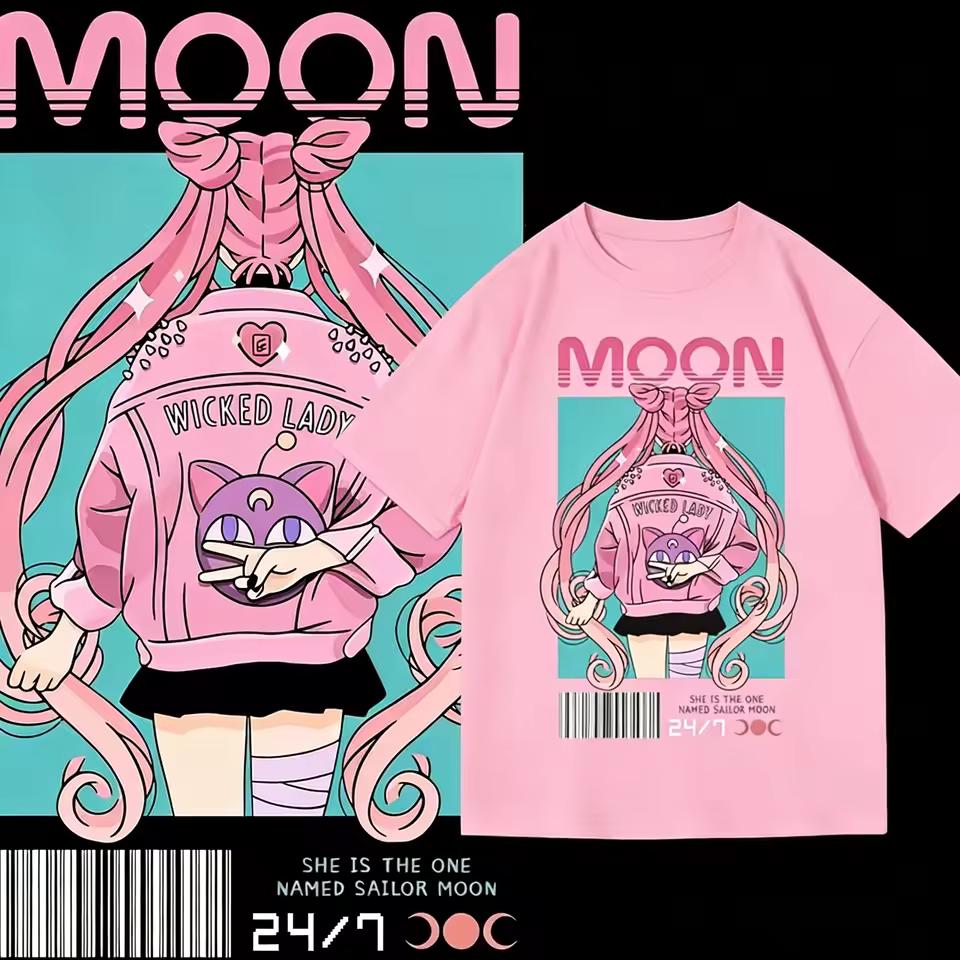 2026 summer Hot Y2K Anime Sailor Moon Oversized T-shirt, Usagi Pink Barcode Back View Print Casual Street Tee For Men Women Teen