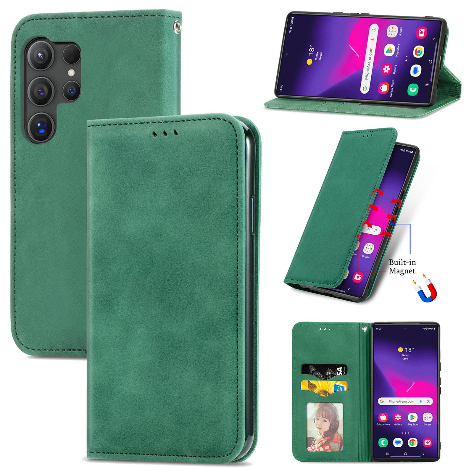 

For Samsung Galaxy S25 Ultra Leather Case with Card Holder Magnetic Absorption Phone Cover Green