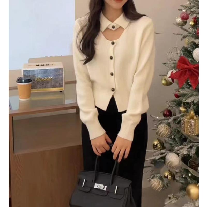 

Spring and Autumn Small Single-breasted Lapel Long Sleeve Sweater New Design Knitted Sweater Top Women One size бежевый