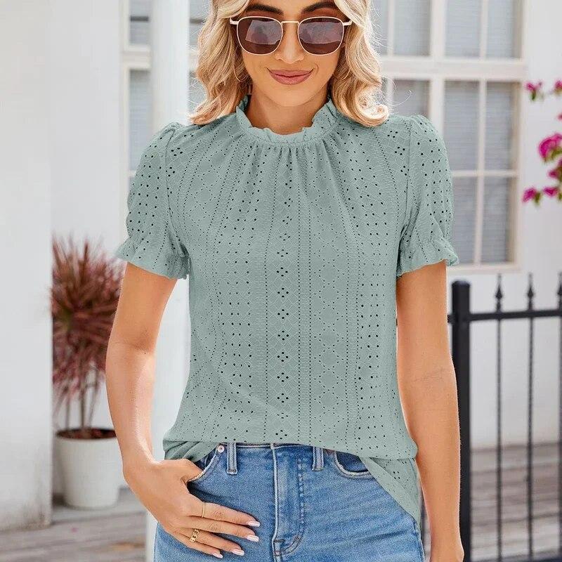 Ležérní stojací límeček Volně skládaná trička 2024 Jaro Léto Ženy Krajková halenka s krátkým rukávem Vyhloubená Elegantní topy 30561