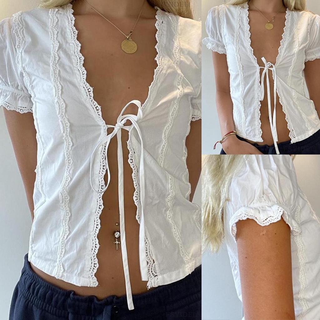 Women's Summer Tie-Up Lace Cropped Cardigan Shirt (SU3338)