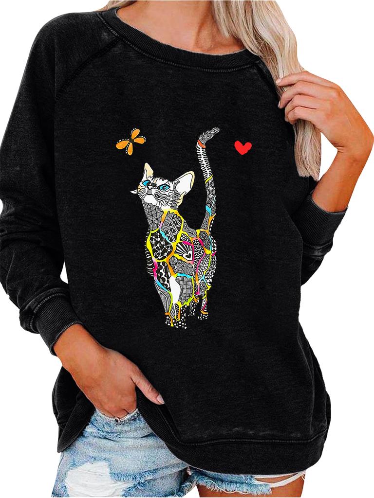 Women's Pullover Sweatshirt Oversized Sweatshirt Women's Spring/Fall Fashion Cat Print Top