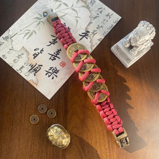 

Unisex Pure Copper Five Emperors Coins Bracelet: Light Luxury, Genuine, Colorfast, Hand-woven, Washable, Retro National Style Wrist 14-15 cm (90-110 lbs)