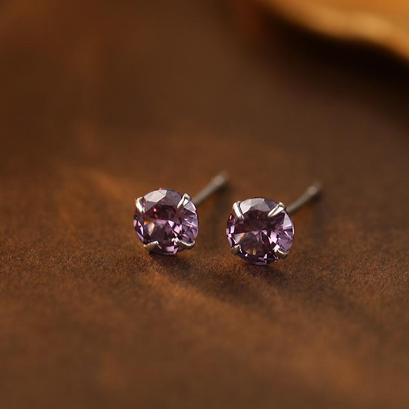 Banyan Tree S999 Silver Birthstone Earrings: Women's Four-Claw Colored Diamond Ear Studs for Everyday Wear