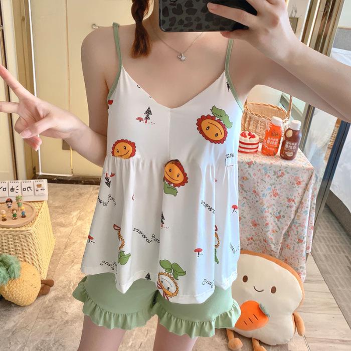 Ladies' Summer Padded Pajama Set: Bow & Suspenders Shorts, Casual Sports Style