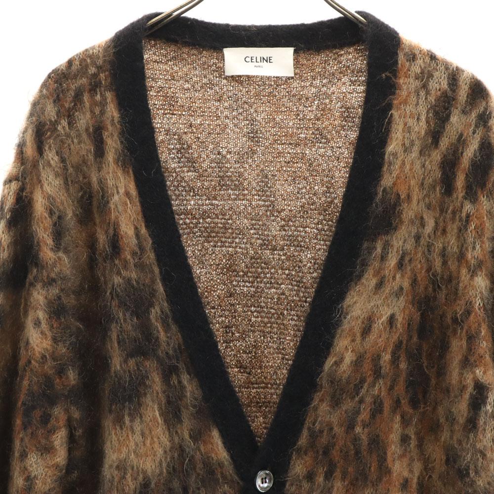 Celine Italian Mohair Blend Leopard Pattern Long Sleeve Cardigan S Brown Men's Used