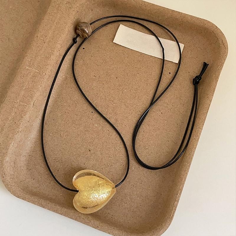 Elegant Handmade Colored Glaze Heart Choker Adjustable Black PU Leather Chain Necklace Trendy Accessory for Ladies