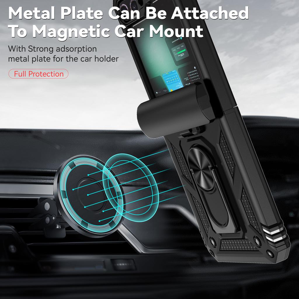 For Samsung Galaxy Z Flip 6 5 4 3 Case with Slide Lens Cover, 360° Magnetic Ring Kickstand Upgraded Military Grade Shockproof