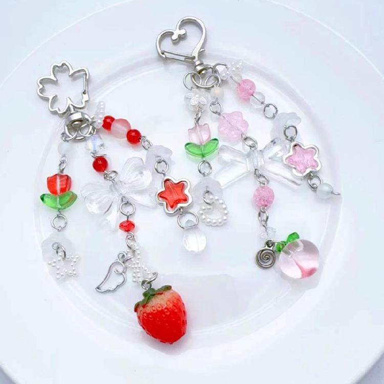 Handmade Keychain Strawberry/Peach Charm Key Chain Colorful Beaded Keyring Charm