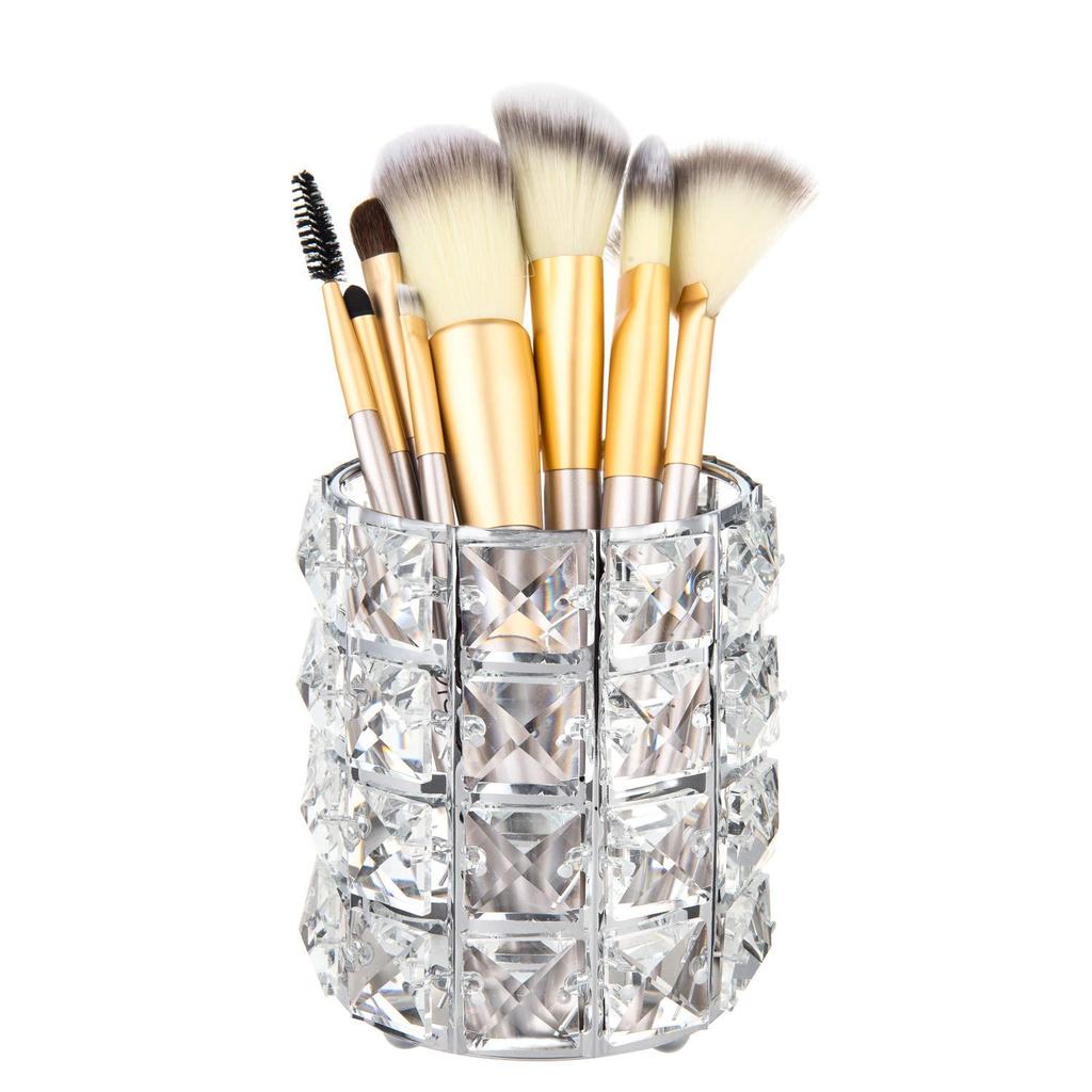 Feyarl Makeup Brush Case Brush Cylindrical Can Also Be Used as a Pen Set of 2 Stand, Crystal-Style, Shape, Holder, Silver,