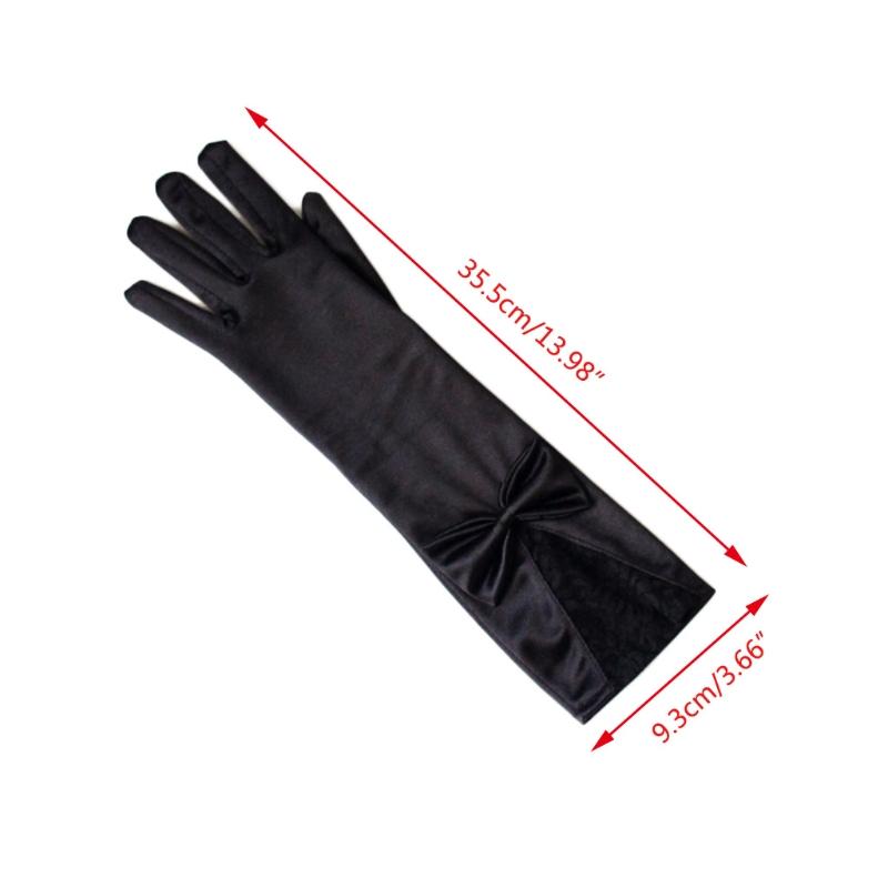 Damen Mädchen Lange Satin Schwarze Handschuhe Elegant Schleife Einfarbig Spitze Besatz Vollfinger Fäustlinge für Hochzeit Oper Party