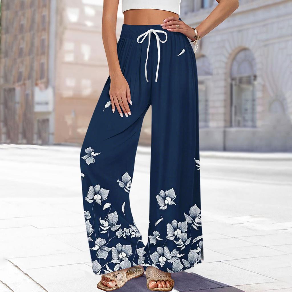 Women's Printed Wide Leg Pants With Pockets High Waist Drawstring Loose Casual Pants