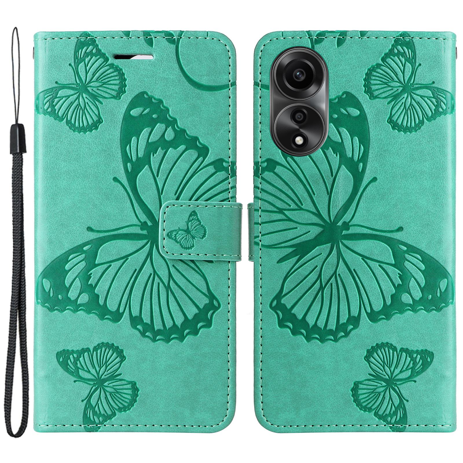 

For Oppo A78 4G Wallet Case Floral Butterfly Imprinted Leather Phone Cover Stand Green