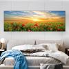 Modern Panoramic Canvas Painting of A Flower Field At Sunset with Vibrant Greens and Reds