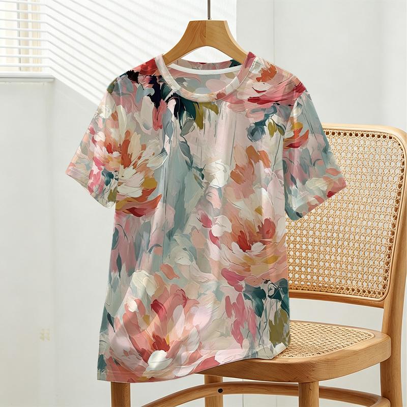 Women's Basic Short Sleeve Top Colorful Floral Print,Soft & Loose Fit,Fashionable Comfortable Casual Top for Daily Wear & Shopping