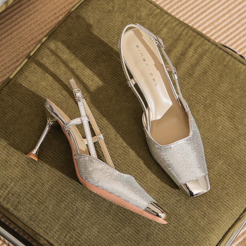79913 [sheepskin] High Heels Women's Thin Heels 2025 Summer New Gradual Change Sequined Metal Square Head Sandals